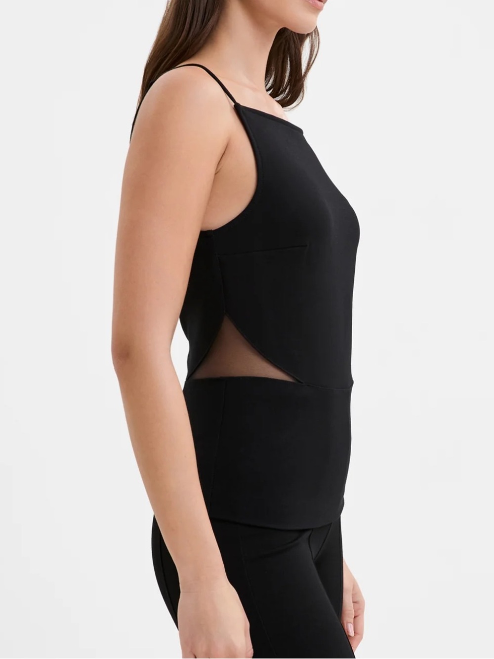 Ponte Top with Square Neckline and Mesh Side Cutouts